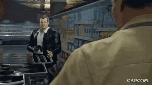 two men are standing next to each other in a store .