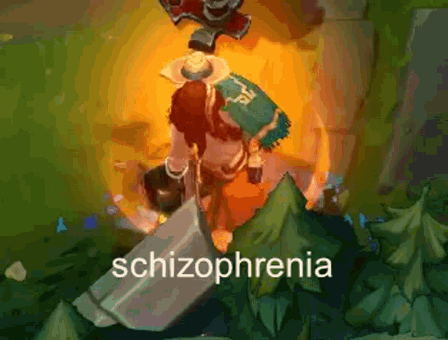 a cartoon character with the word schizophrenia on the bottom right