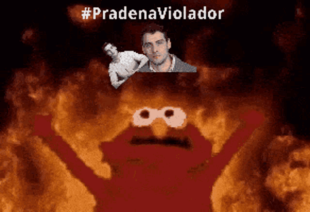a sesame street character is surrounded by flames and has the hashtag pradenaviolador on the bottom