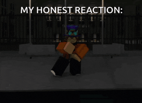 a cartoon character is dancing in front of a fence with the words " my honest reaction " above him