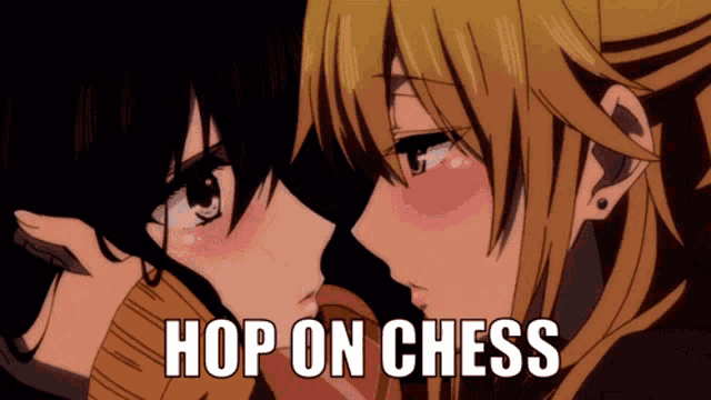 a picture of two anime girls with the words hop on chess above them