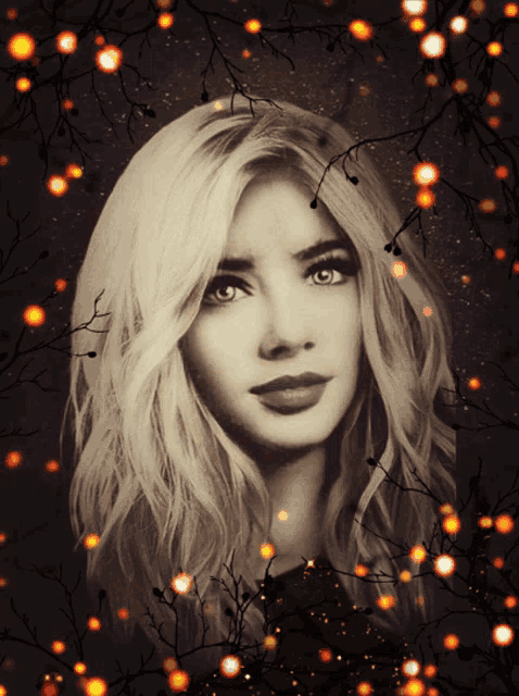 a woman with long blonde hair is surrounded by branches and lights