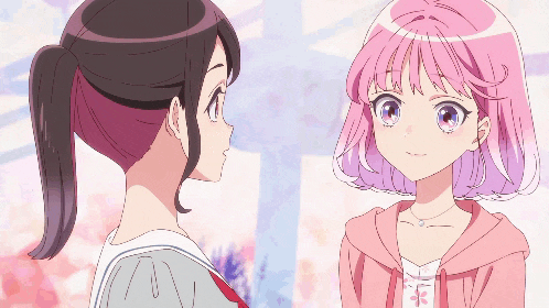 two anime girls are looking at each other with pink hair