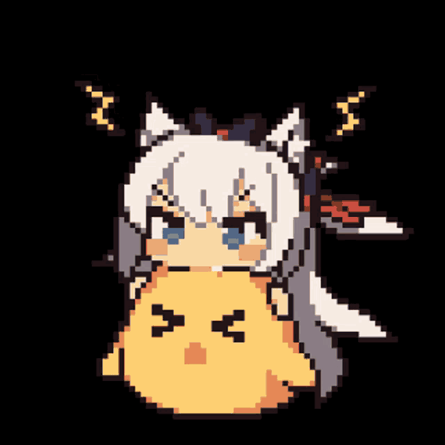 a pixel art of a girl holding a chicken