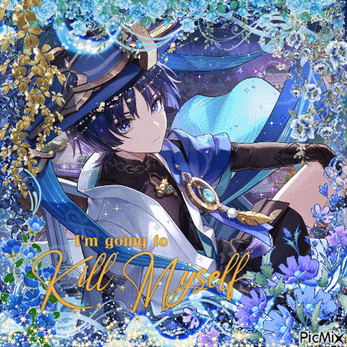 a picture of a boy with blue hair and the words i 'm going to kill myself