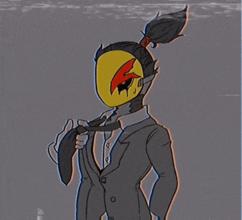 a drawing of a man in a suit with a yellow mask on his face
