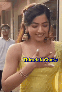 a woman in a yellow dress is smiling and holding her chest with the words thirudan chat written on the bottom