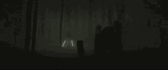 a person is standing in the middle of a dark forest with glowing lights coming out of the trees .