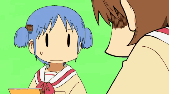 a cartoon girl with blue hair is holding a piece of paper in her hand