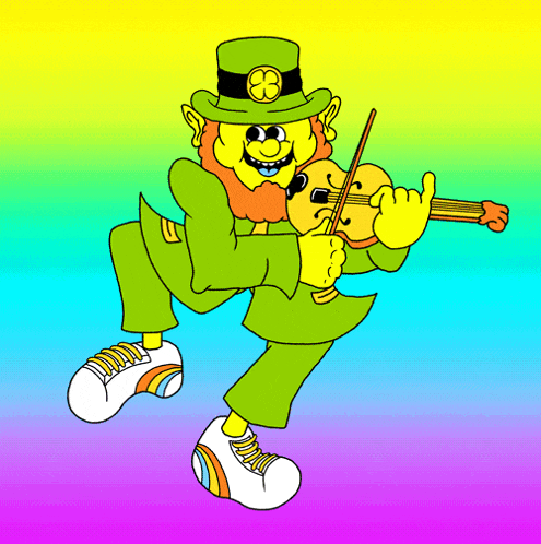 a cartoon of a leprechaun playing a violin on a rainbow background