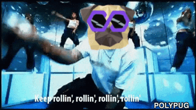 a man with a pug on his head says keep rollin ' rollin ' rollin ' rollin ' polypug