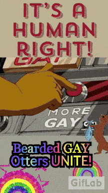 a poster that says ' it 's a human right bearded gay otters unite ' on it