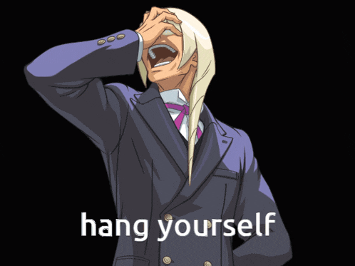 a man in a suit is screaming with the words hang yourself written below him