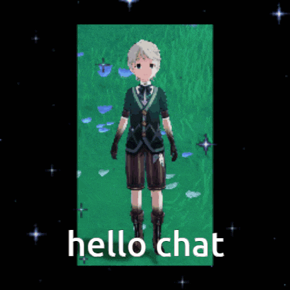 a video game character is standing in a field with the words hello chat below him