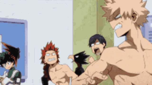 a group of anime characters are standing next to each other in a room and one of them is a shirtless man .