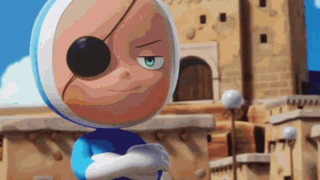 a cartoon character wearing a blue and white costume with a pirate eye patch