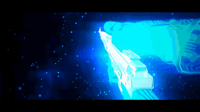 a glowing blue object is floating in the air