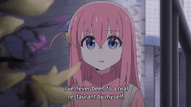 a girl with pink hair and blue eyes says i ve never been to a real restaurant by myself