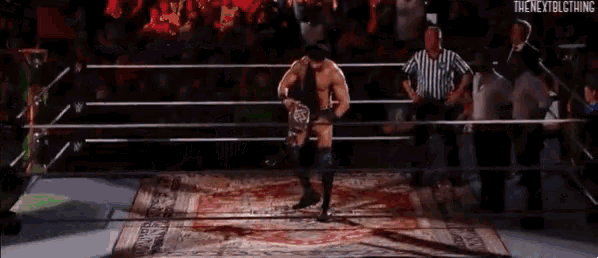 a wrestler is standing in a wrestling ring with a referee watching