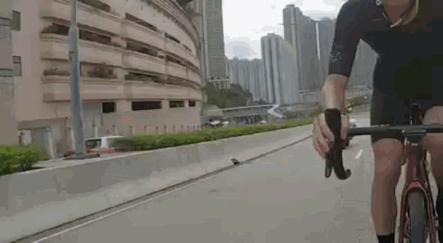 a man is riding a bicycle on a highway in the city .