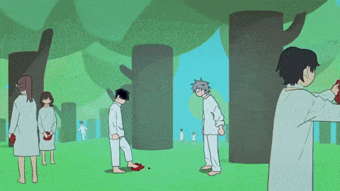 a cartoon of a group of people standing in a field