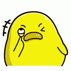 a cartoon drawing of a yellow chicken with a stick in its mouth and a surprised look on its face .