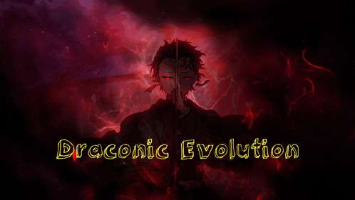 a picture of a man holding a sword with the words " draconic evolution " below him