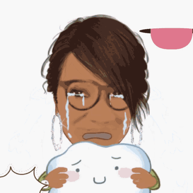 a cartoon of a woman crying while holding a stuffed animal