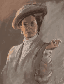 a painting of a woman wearing a hat and a white shirt