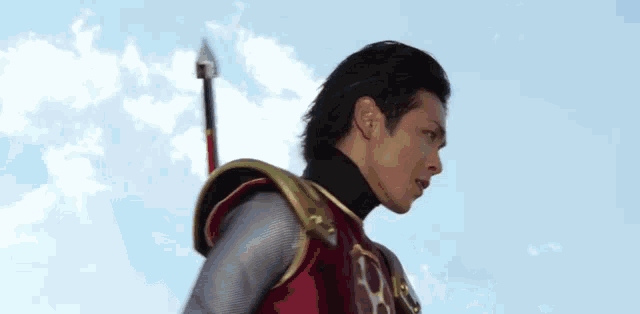 a man in a superhero costume is standing in front of a blue sky .