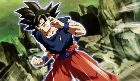 a cartoon of a man in a blue shirt and red shorts standing in front of a rocky cliff .