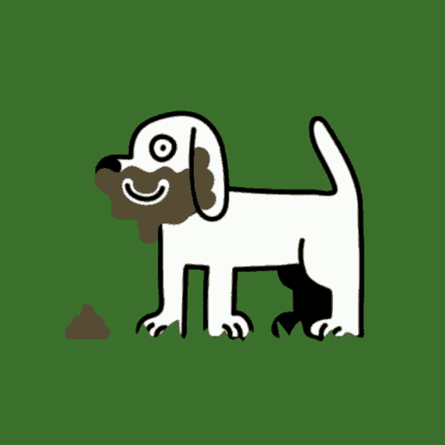 a drawing of a dog with a smiley face and a pile of poop in its mouth