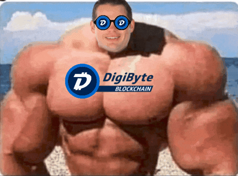 a very muscular man is wearing sunglasses and a digibyte blockchain logo on his chest