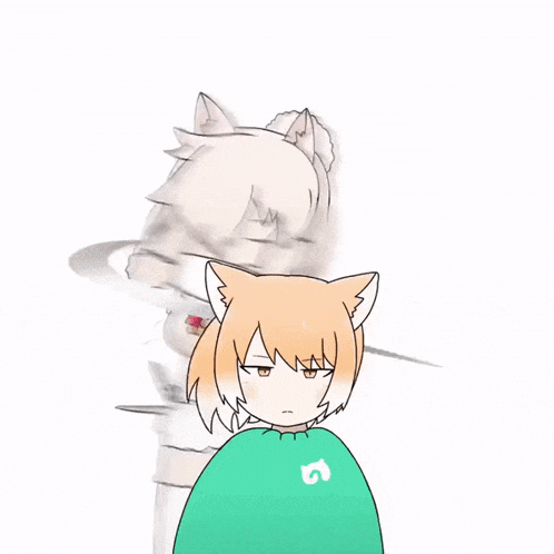 a cartoon drawing of a girl with cat ears and a green cape with the letter g on it