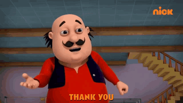 a cartoon character is saying thank you in front of stairs
