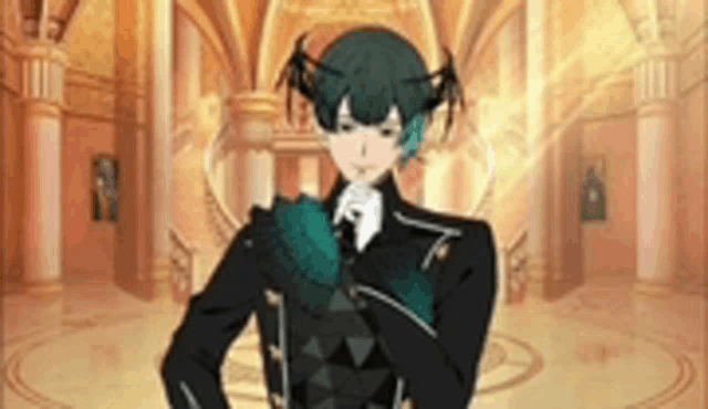 a man in a suit with horns is standing in a room .