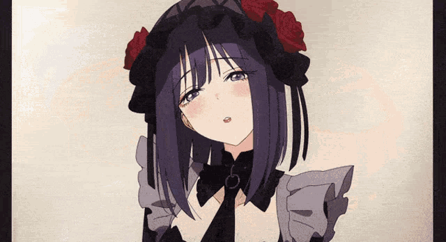 a drawing of a girl with purple hair wearing a hat with red roses