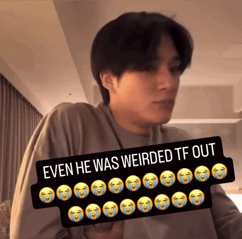 a picture of a man with the caption " even he was weirded tf out " on it