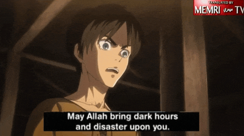 a cartoon of a man with the words may allah bring dark hours and disaster upon you below him