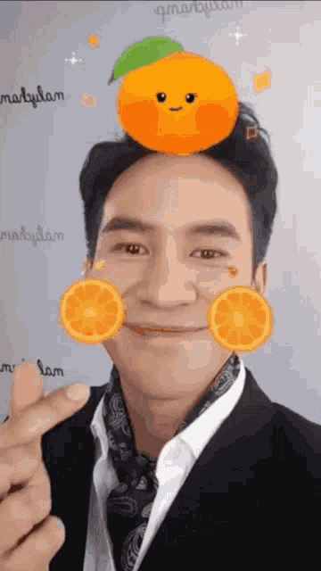 a man with an orange on his head making a face