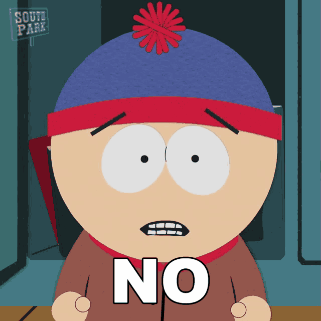 stan marsh from south park says no with a red flower in his hat