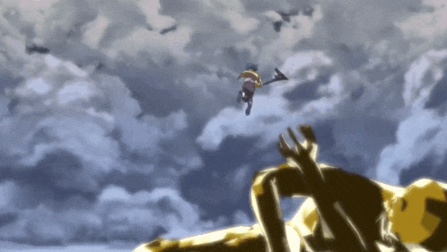 a cartoon of a man flying through the air with a sword