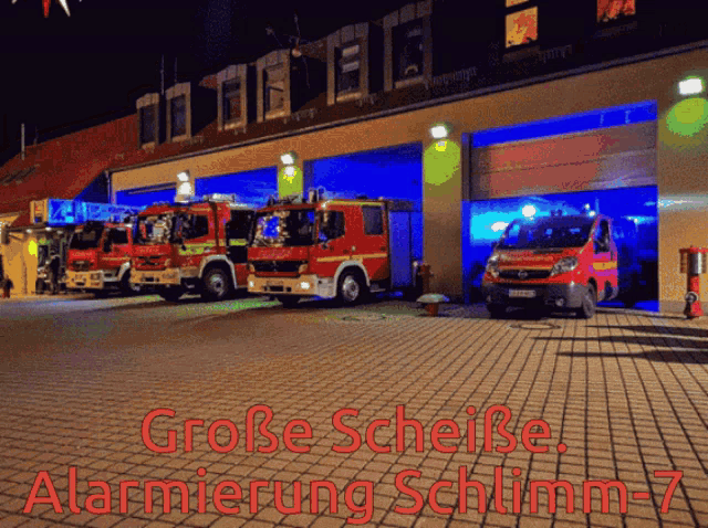several fire trucks are parked in front of a building with the words große scheibe alarmierung schlimm 7 on the bottom