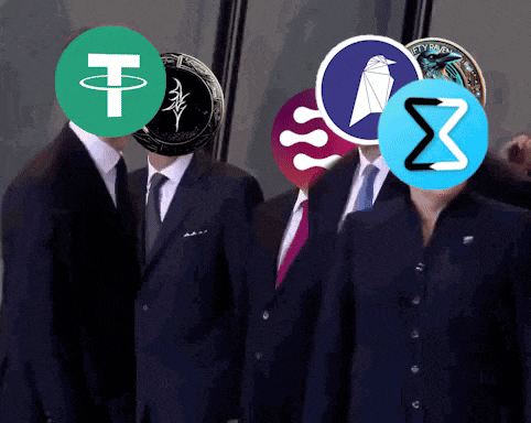 a group of people in suits and ties with coins on their faces including one that says t