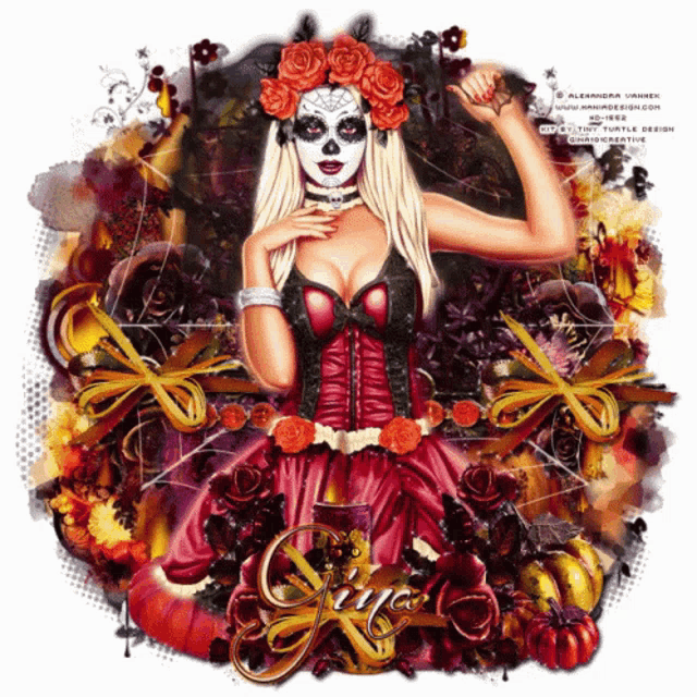 a woman in a sugar skull costume is surrounded by pumpkins and roses