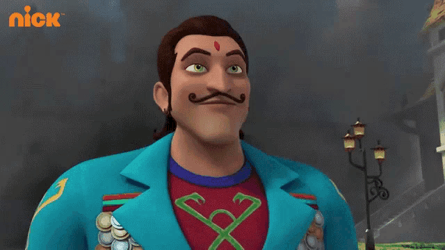 a man with a mustache is wearing a blue jacket and a nick logo