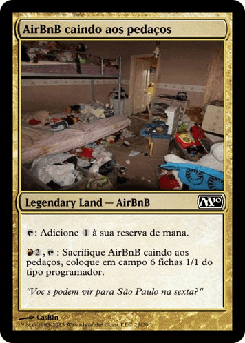 a card that says " airbnb caindo aos pedaços " on it