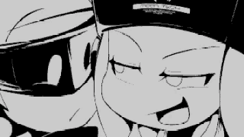 a black and white drawing of two cartoon characters with one wearing a helmet that says moon track