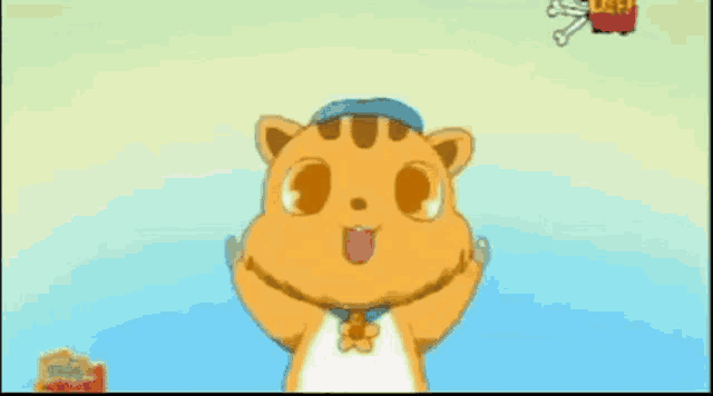 a cartoon cat wearing a blue hat and a blue shirt
