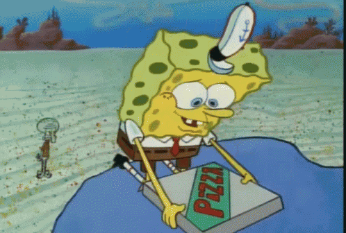 a cartoon character named spongebob is holding a box of pizza
